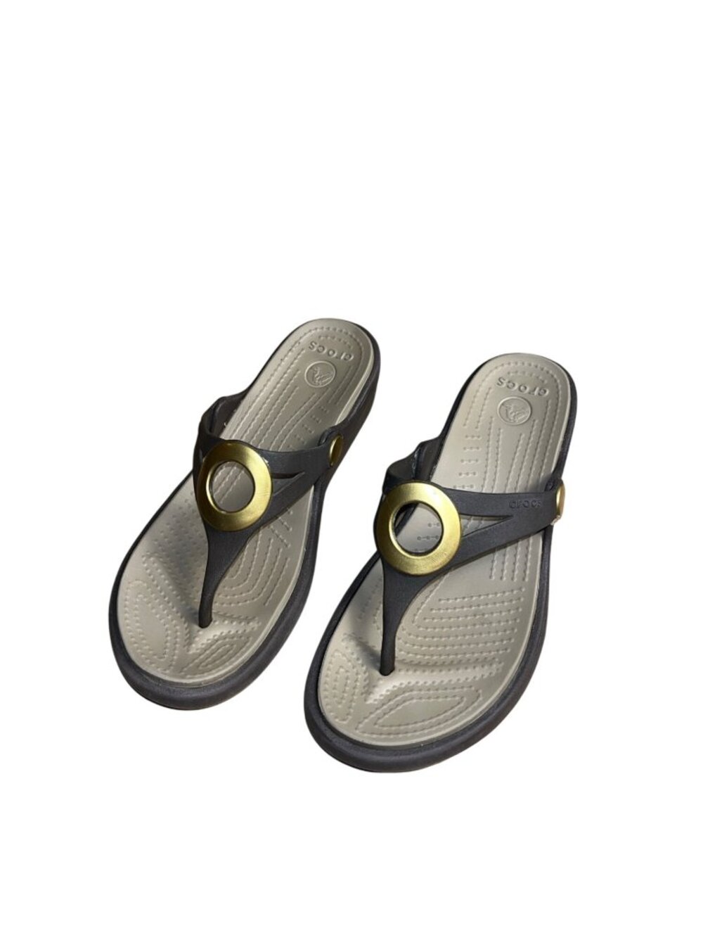 Crocs Sanrah Brown Flip Wedge Sandals With Gold Circle Detail Size 6
